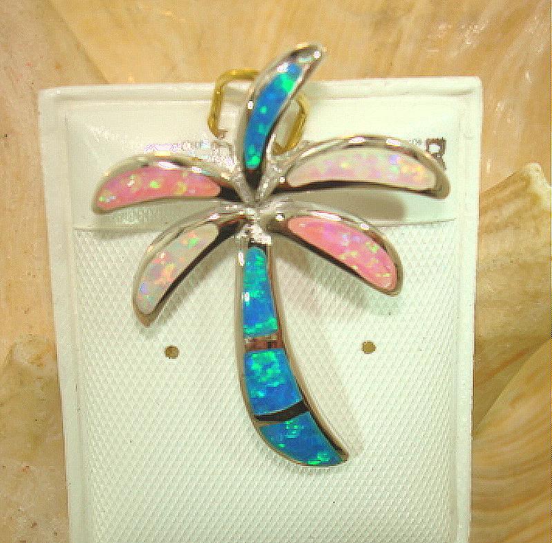 22mm Hawaiian Rhodium 925 Sterling Silver TriColor Inlaid Opal Palm Tree Pendant
