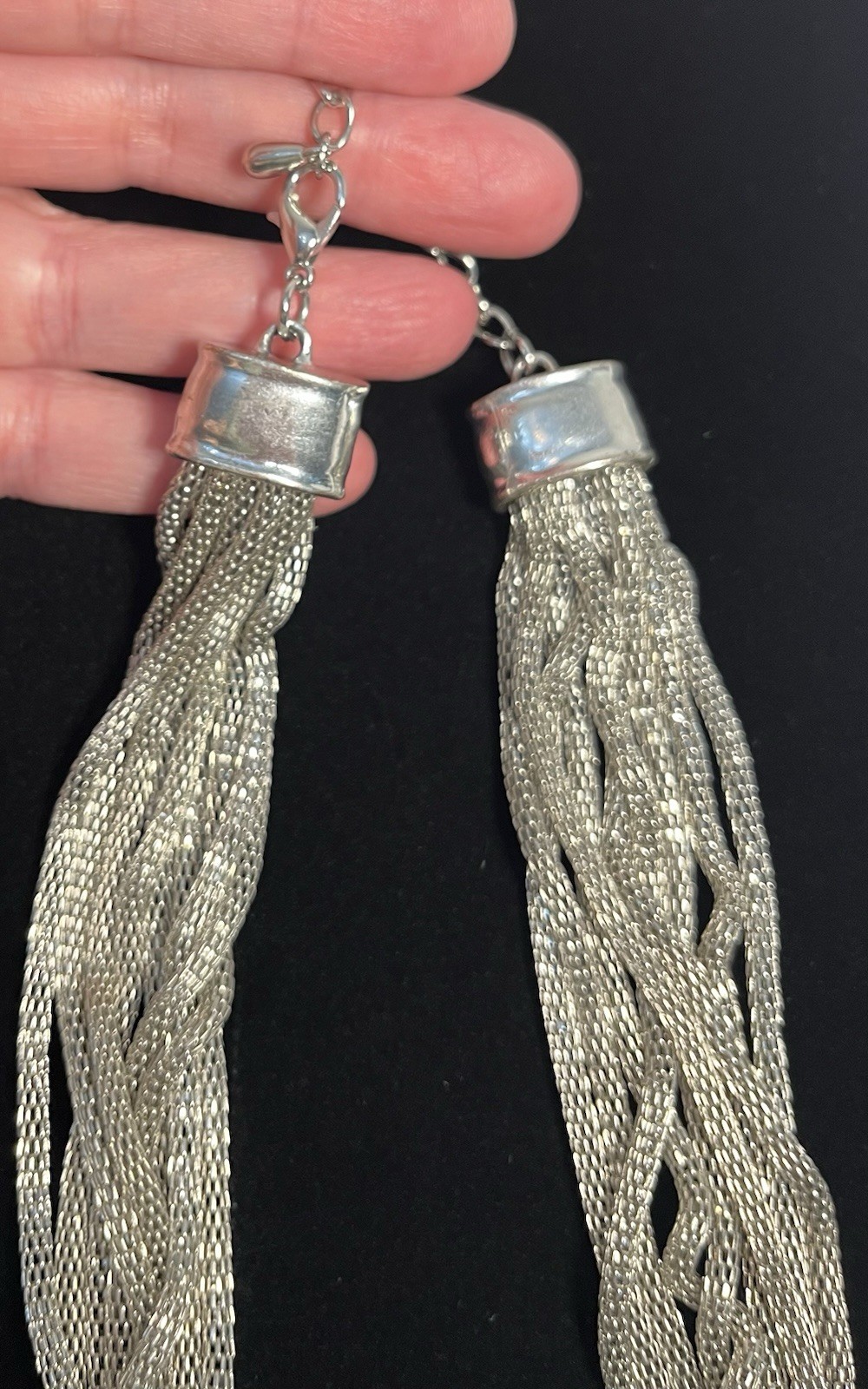 Silver-Toned Statement Necklace Multi-Strand Mesh Chains Trapezoid Pendants