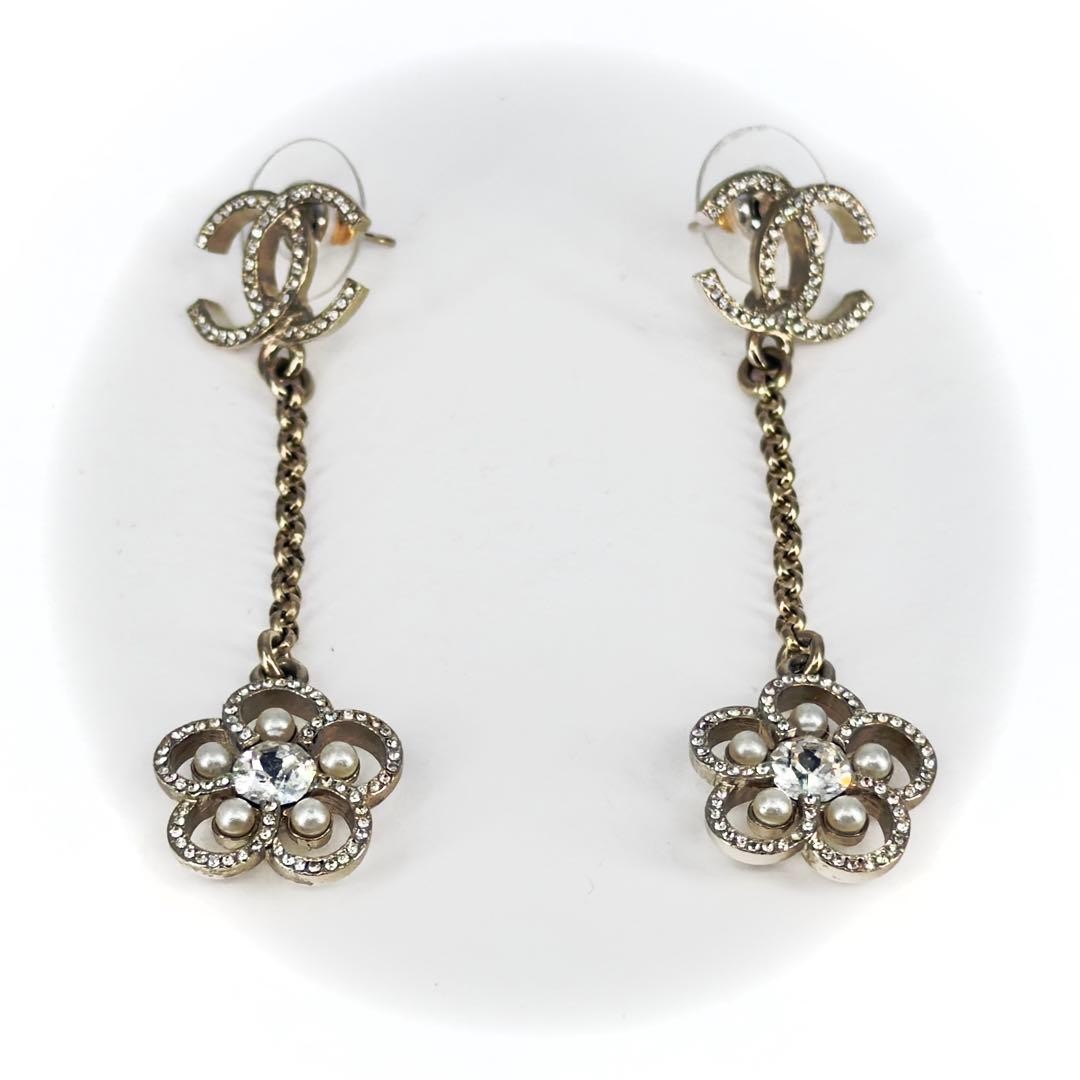 CHANEL Coco Mark Earrings Icon Pearl Flower Rhinestone Women’s Jewelry