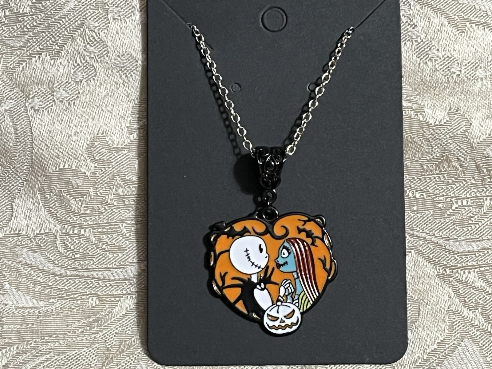 Jack Pumpkin Skeleton Zero Sally Nightmare Halloween Charm Silver Necklace 18”