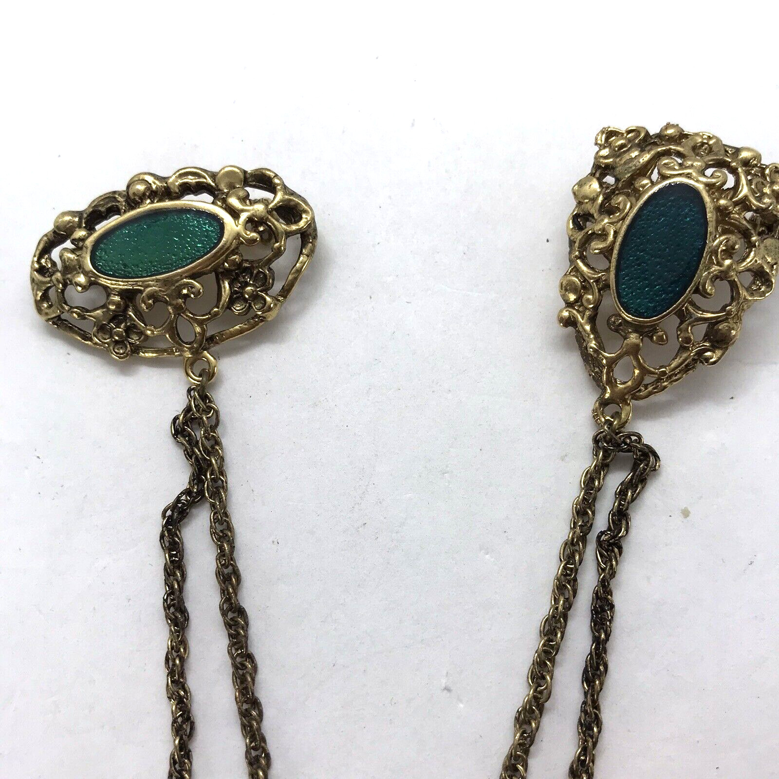 Vintage Brooch Enamel Dangler Chains Double Pin Victorian Revival