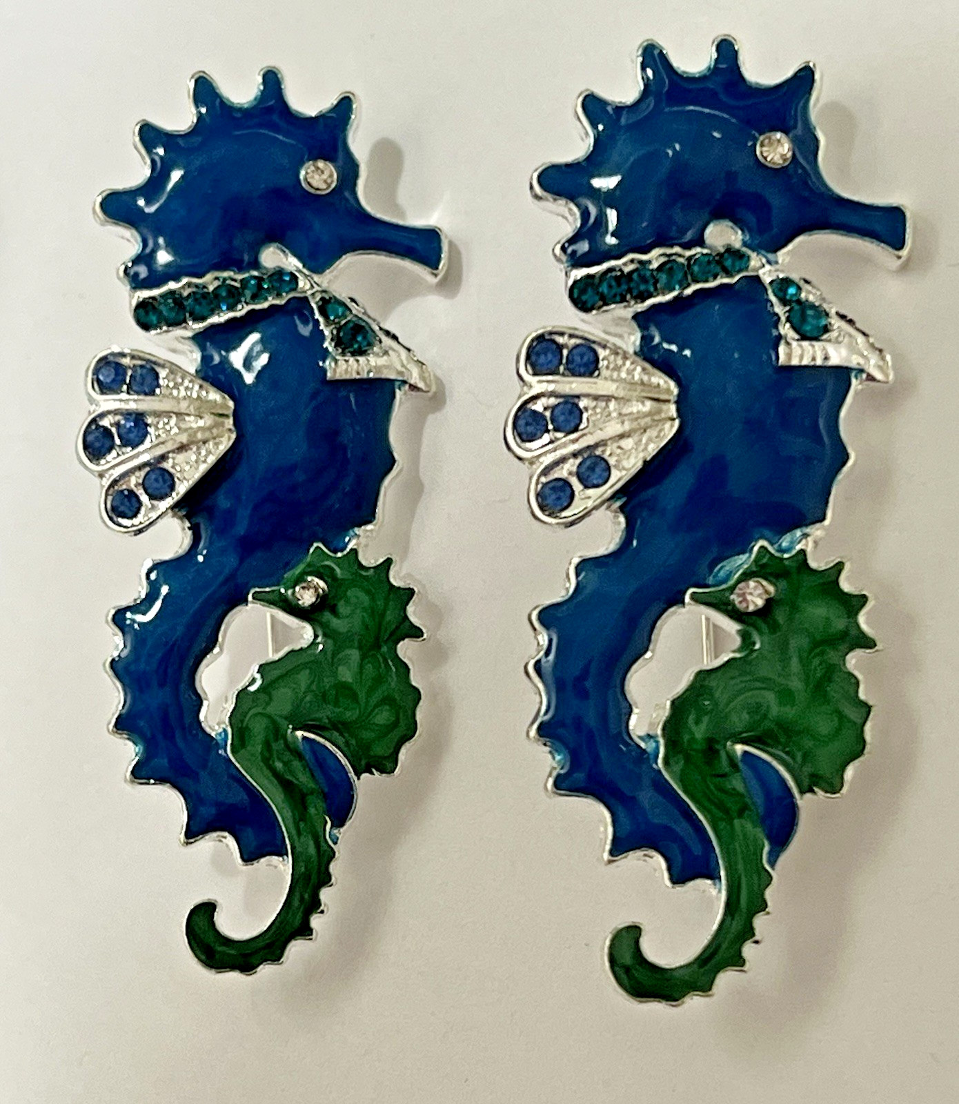 Crystal Rhinestone Seahorse Brooch LOT Pin Glass Vintage Sea Horse Blue Green