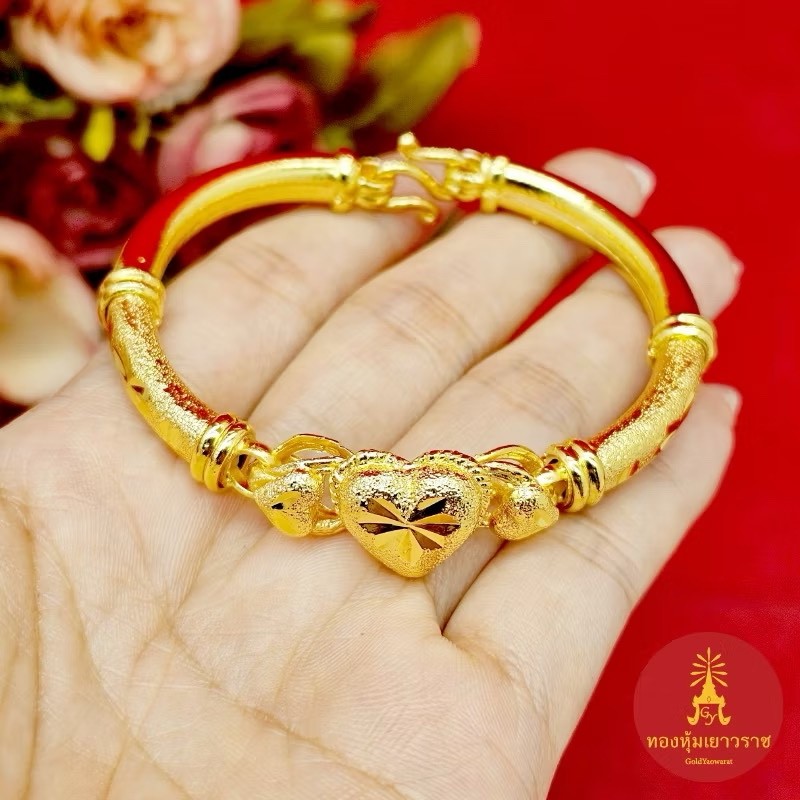 Heart Charm 22K 23K 24K THAIBAHTYELLOW GOLD Bracelet JewelryWomen diameter 5.5cm