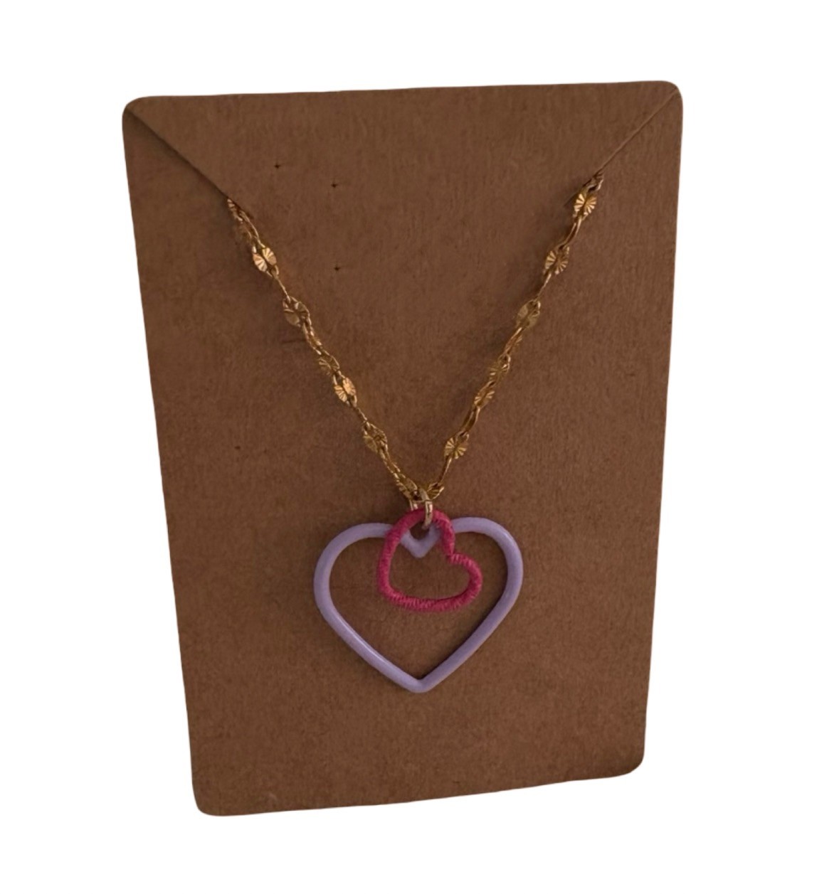 Pink & Purple Heart Necklace On Gold Chain | Adjustable