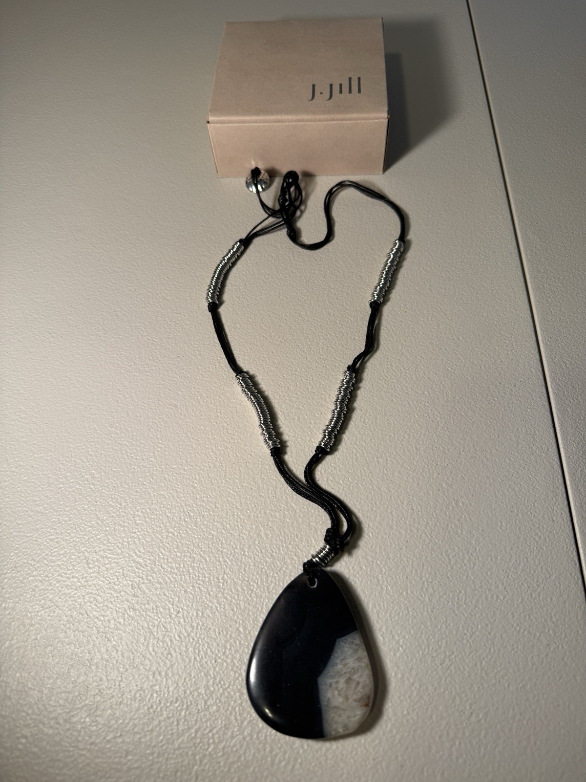 New J Jill Necklace Black Silver Tone Teardrop Pendant Artisan Boho Statement