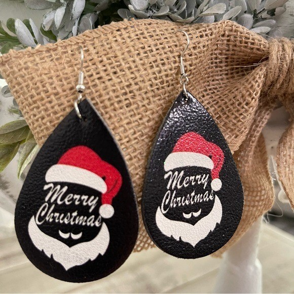 Christmas Faux Leather Teardrop Dangle Earrings Merry Christmas Santa