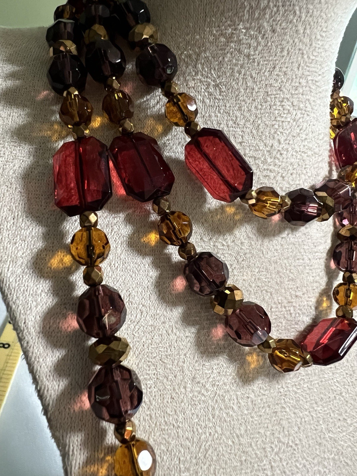 Multi Strand Statement Necklace Autumn Burgundy Amber Faceted Beaded 3 Tier NWT