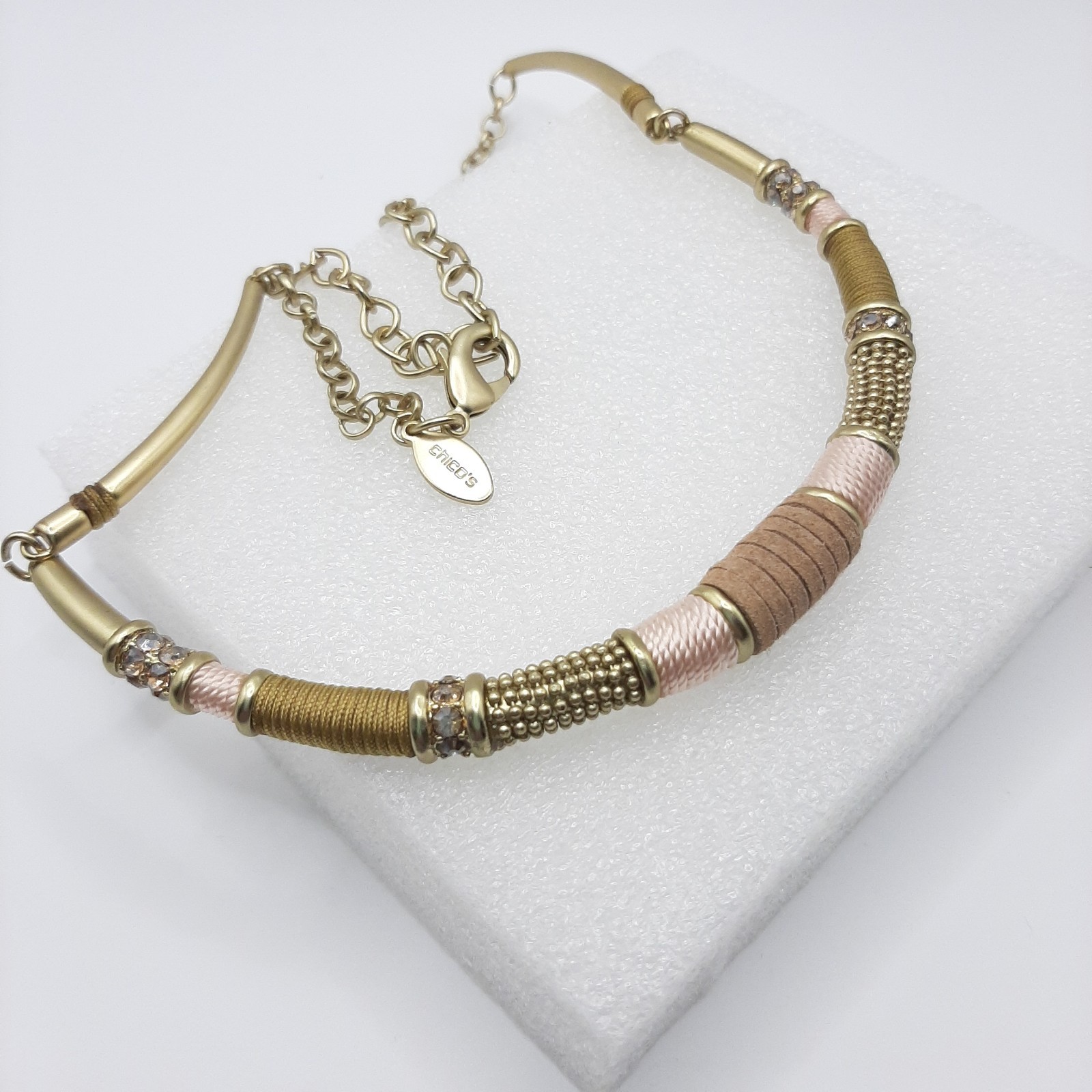 Chico’s Gold Tone Metal Pink Brown Neutral Mixed Material Statement Necklace