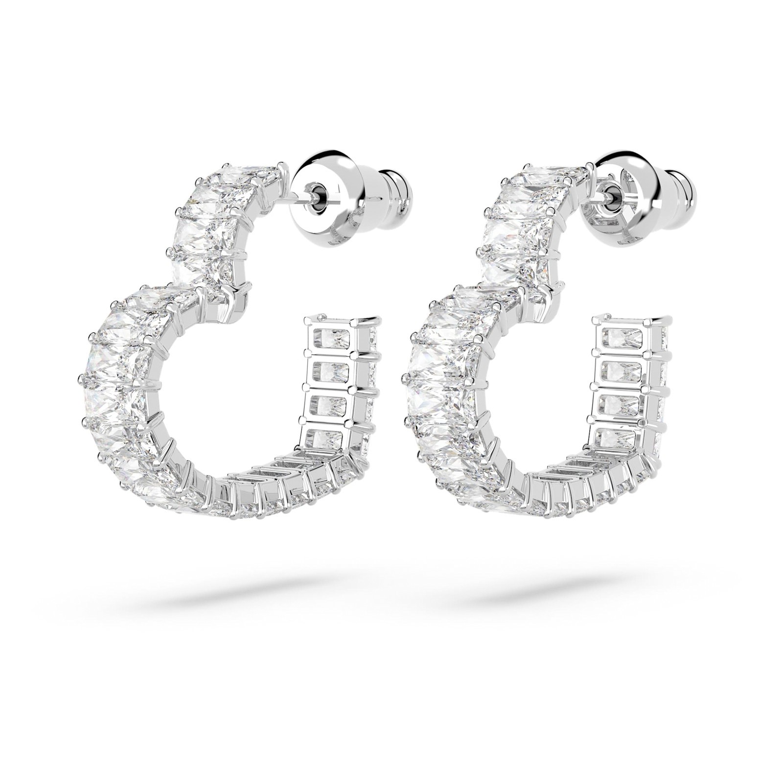 Swarovski Matrix Hoop Earrings Baguette Cut, Heart, Small, White, Rhodium Plated