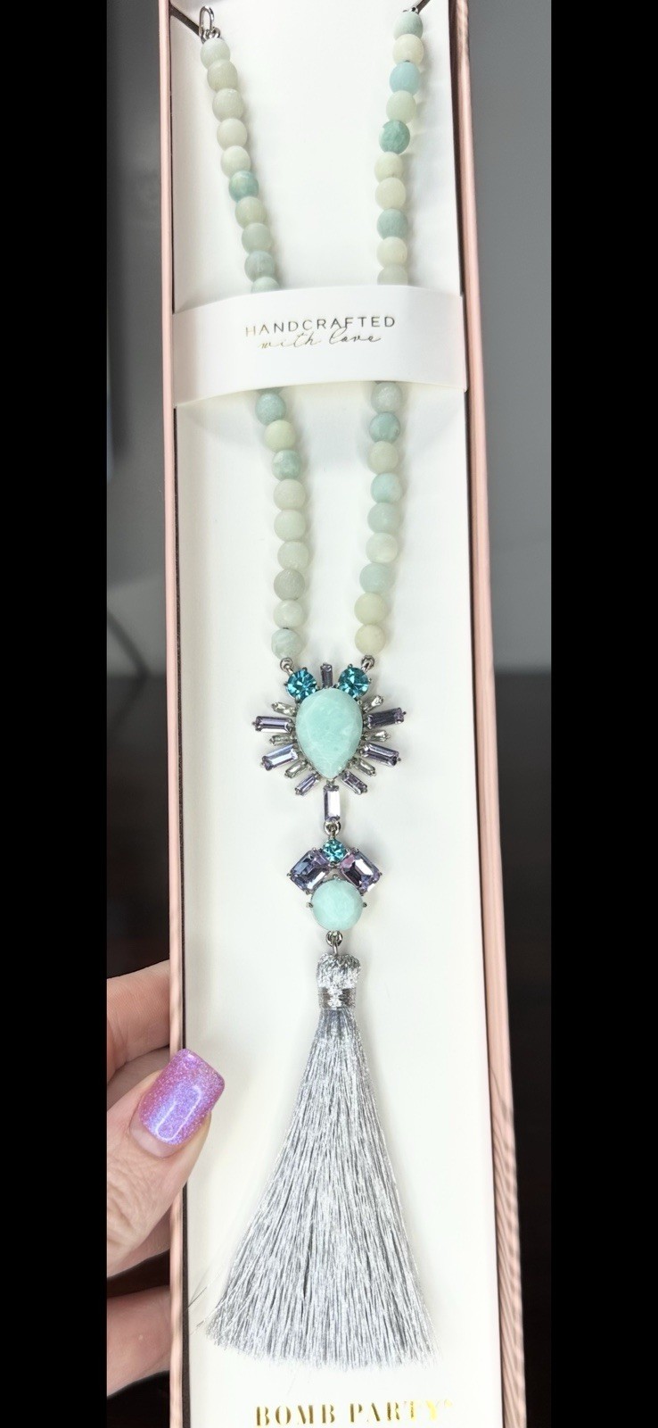 Bomb Party Necklace-Long-Summer Pendants- 6254MT- Treated Amazonite-Silver Plate