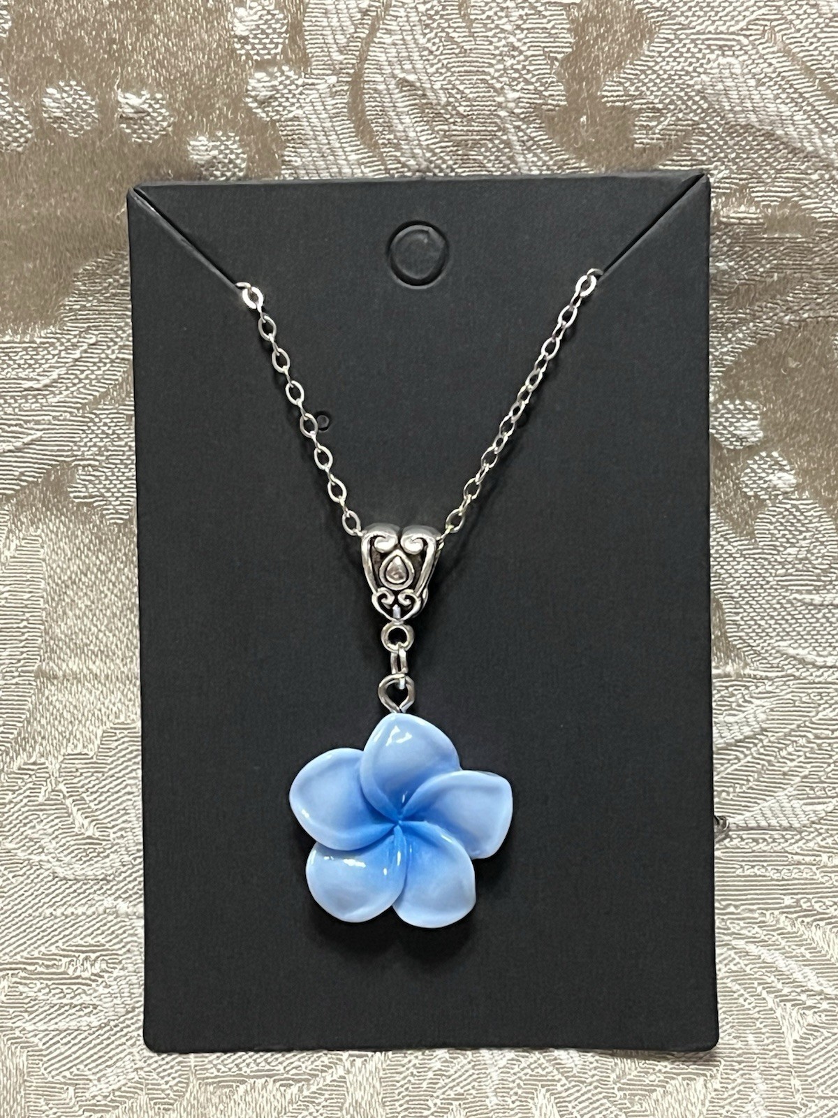 Blue Floral Camellia Flower Resin Pendant Silver 18” Necklace Boho Fashion