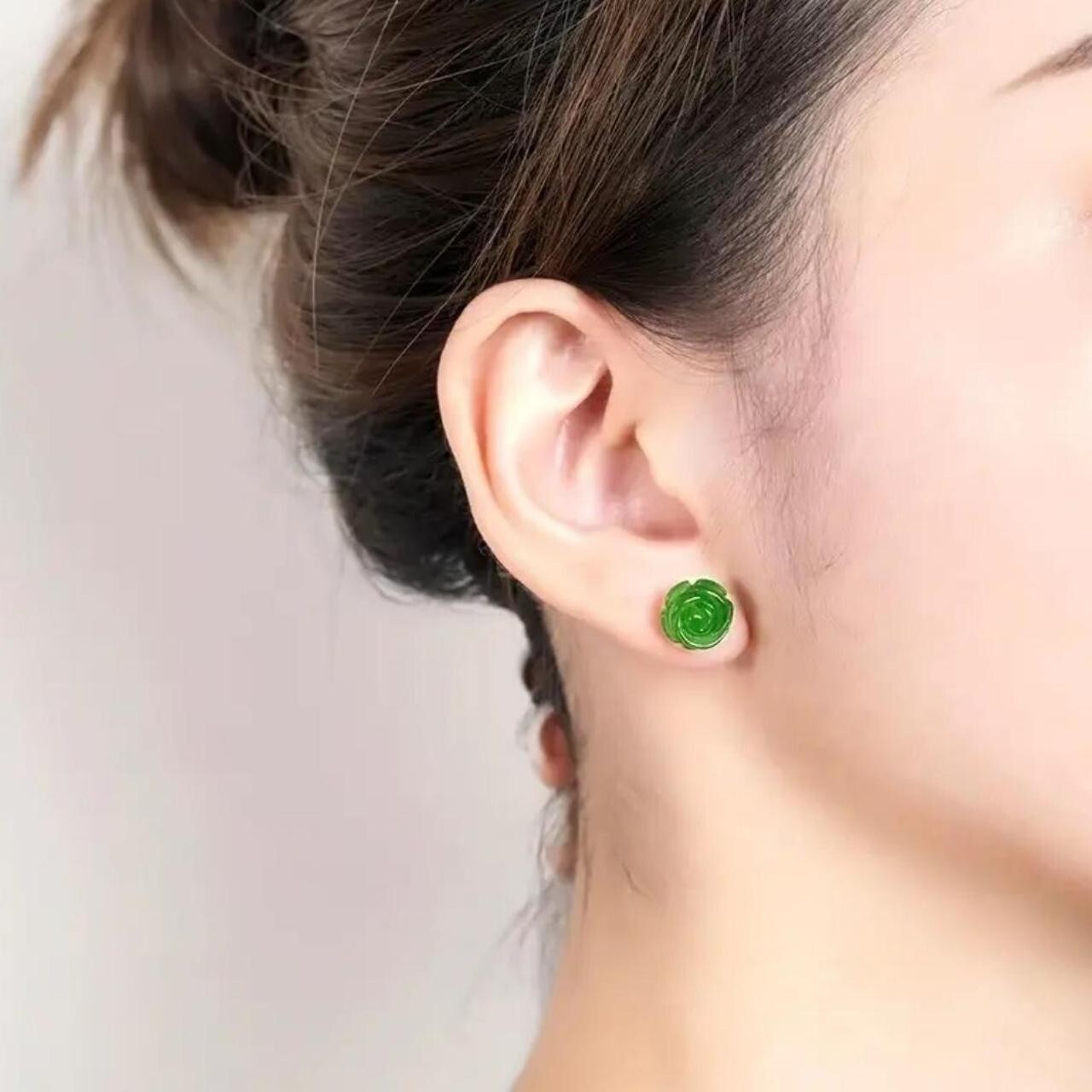 Dainty Natural Green Jade Hand Carved Rose Flower 925 Silver Stud Earrings