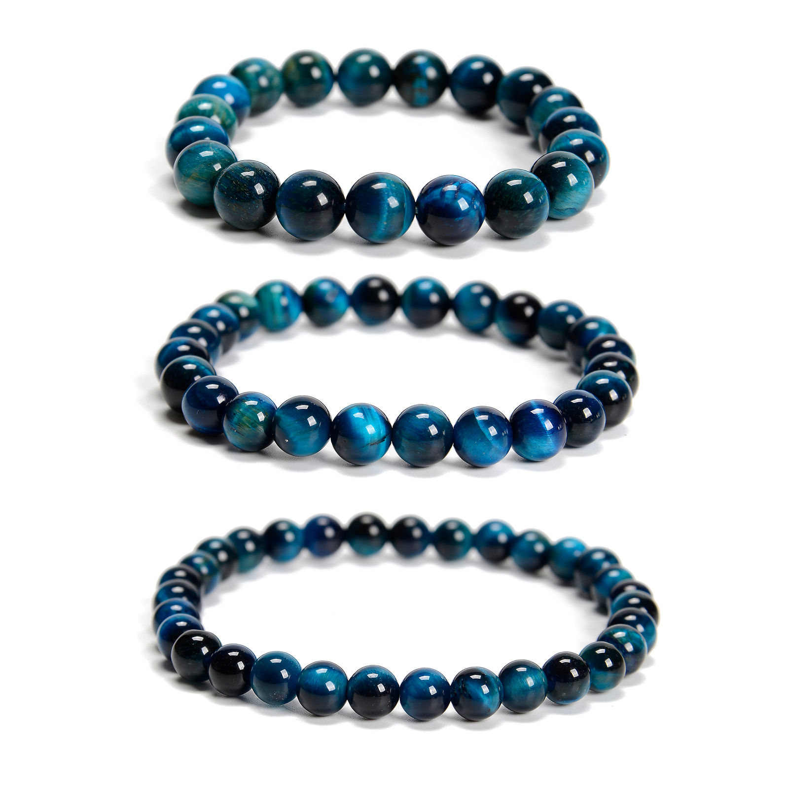 Blue Green Tiger Eye Round Beaded Bracelet 6mm 8mm 10mm 7.5” Length 3 PCS/Set