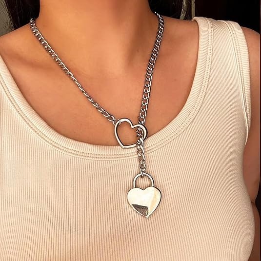 Heart Slip Chain Necklace for Women Goth Lock Heart Choker Collar for Women Punk
