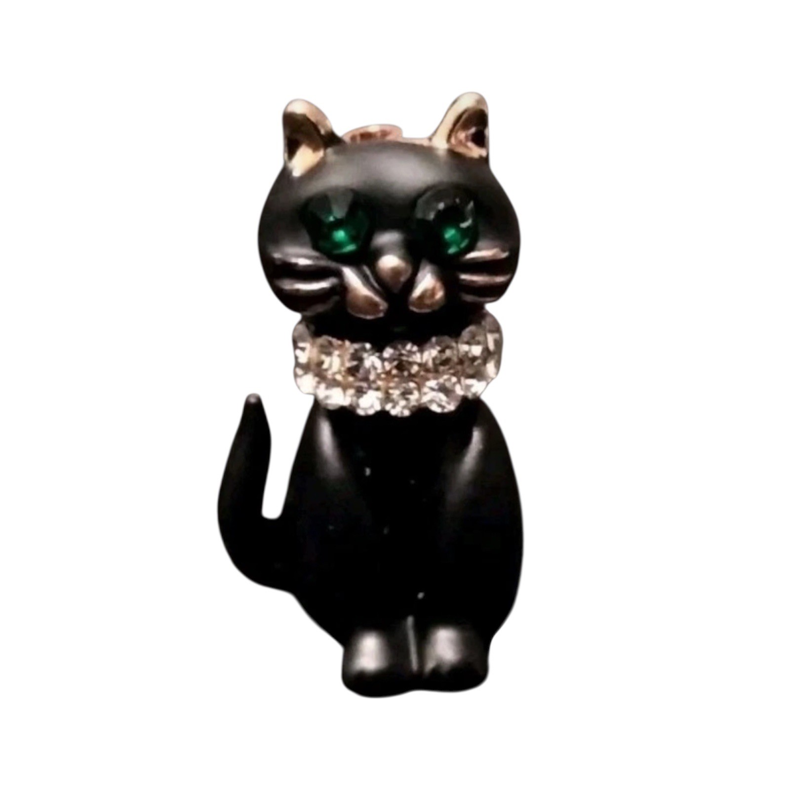 Black Cat Brooch Pin with Green Crystal Eyes & Double Rhinestone Collar Jewelry