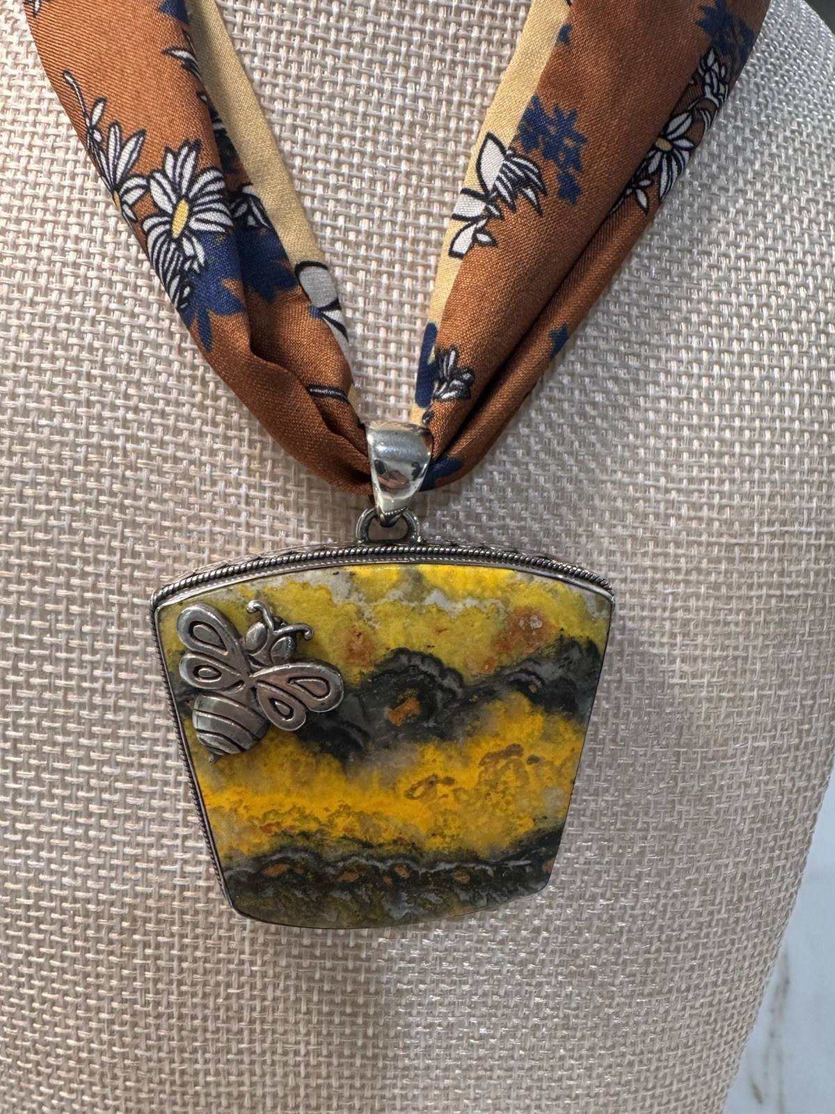 Anna King Signed 925 Sterling Silver Trapezoid Pendant Necklace Fabric Cord