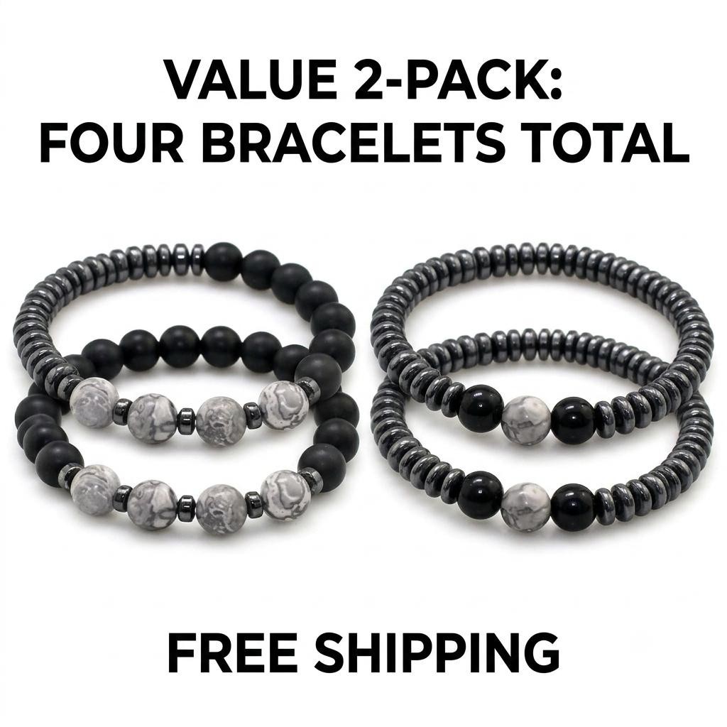 2 PACK Magnetic Hematite Bead Bracelet Set for Men Women Energy Therapy Jewelry