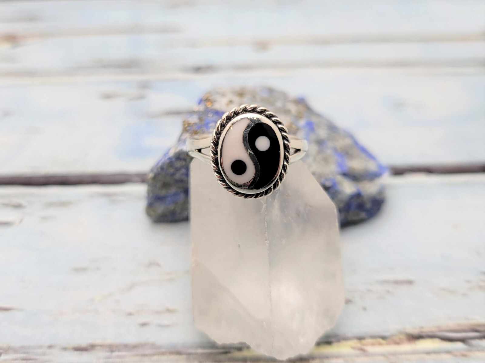 Sizes 4 to 10 / 925 Sterling Silver Oval Oxidized YIN YANG Crystal Ring Braided