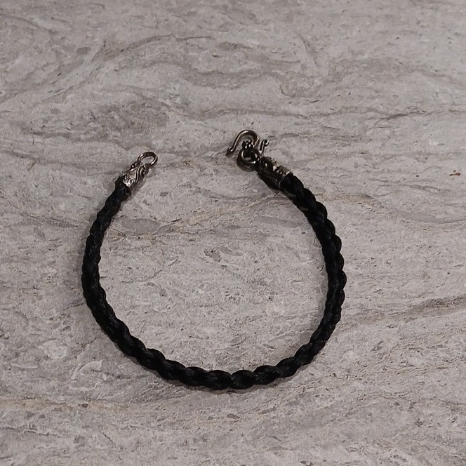 Black Hand Braided Horse Hair Bracelet with Silver Tone Hook Clasp