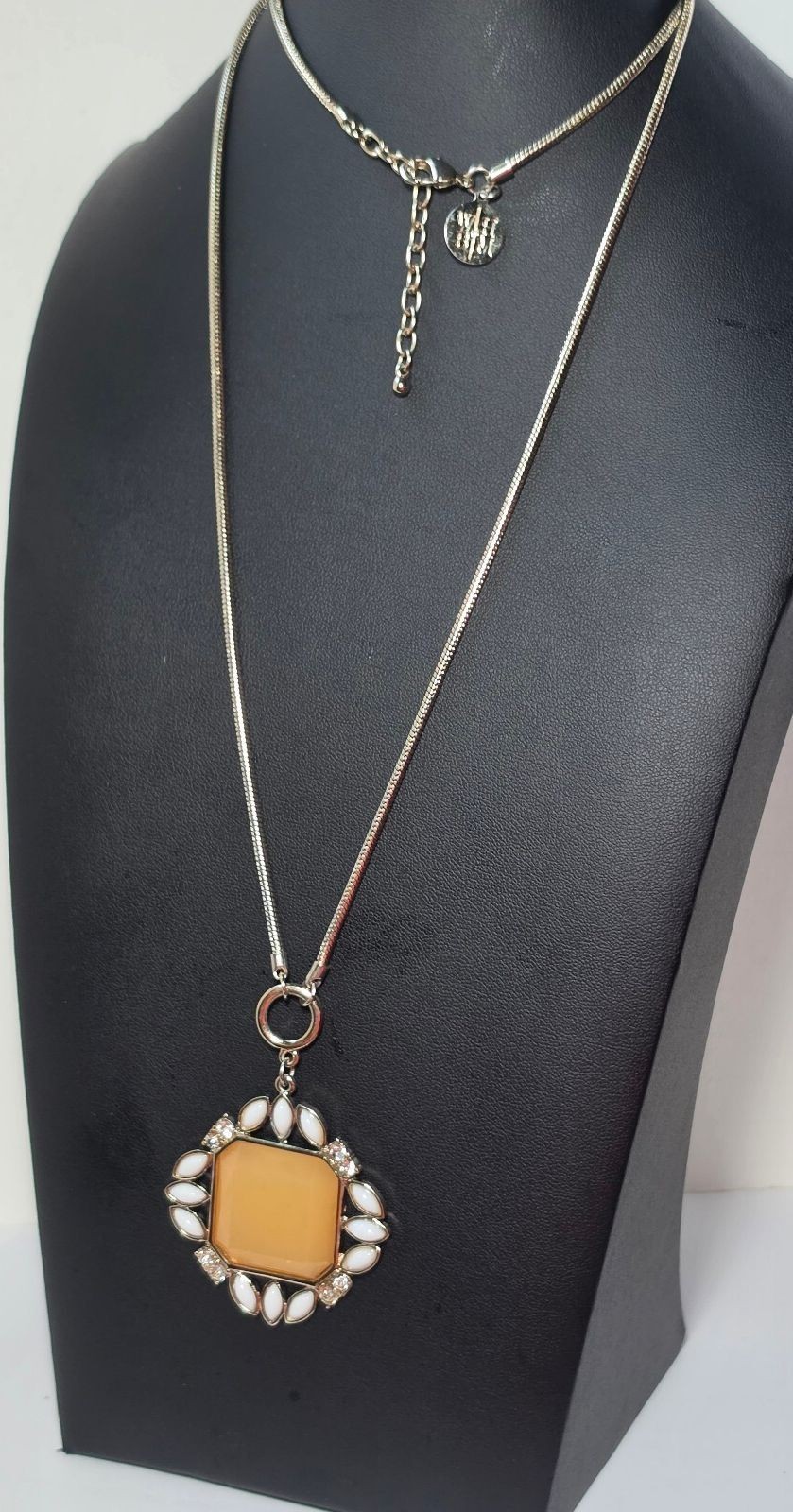 White House Black Market WHBM 32” Orange White Rhinestone Pendant Necklace