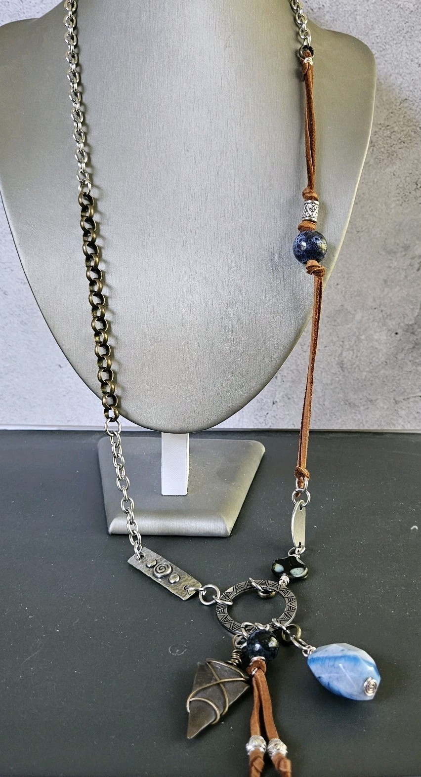 Silver Boho Pendant Necklace Cord Mixed Metals Beaded Arrow Head Stone Charms
