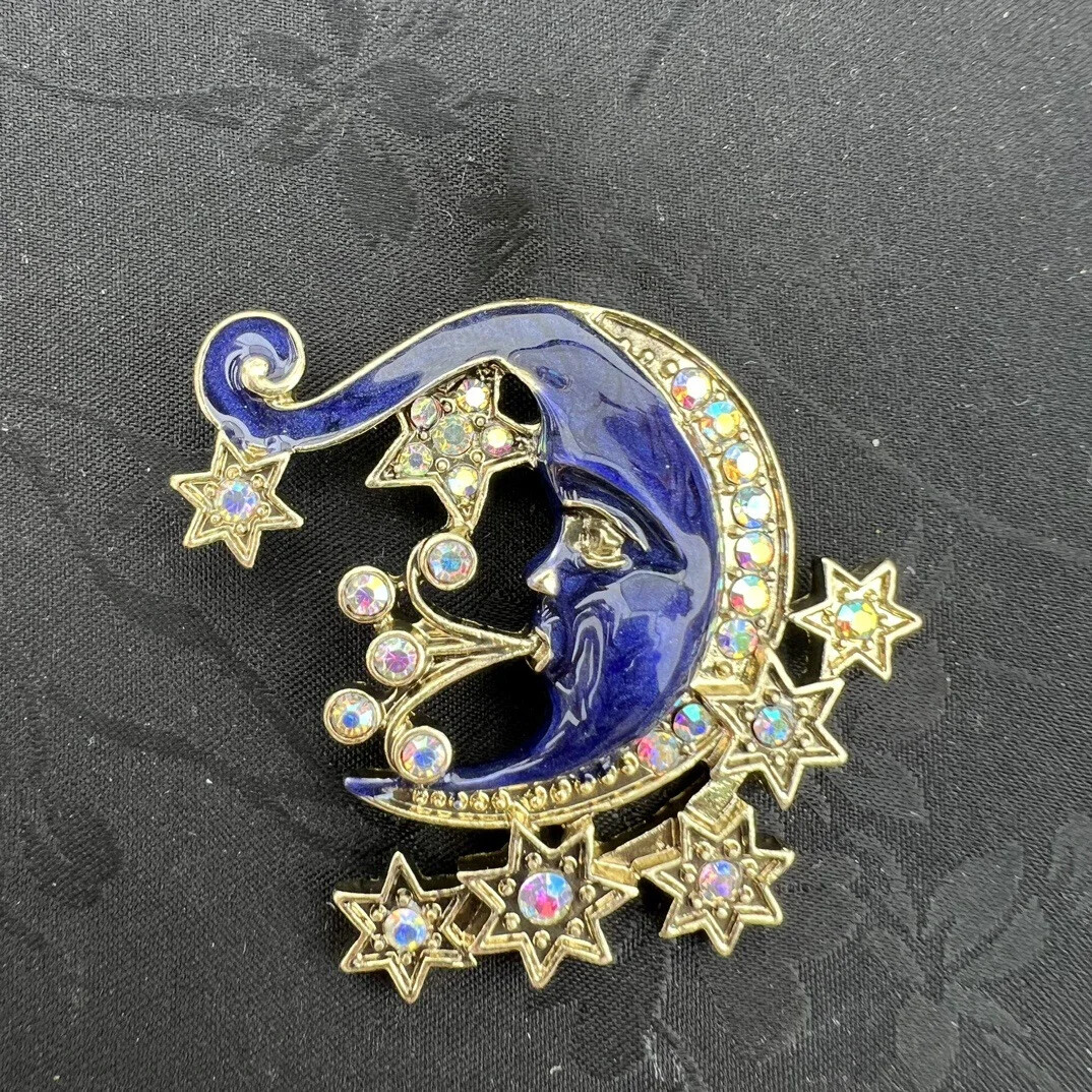 Vintage Dreamy Cute Blue Enamel Star Moon Brooch Luxury Jewelry Unisex Badges