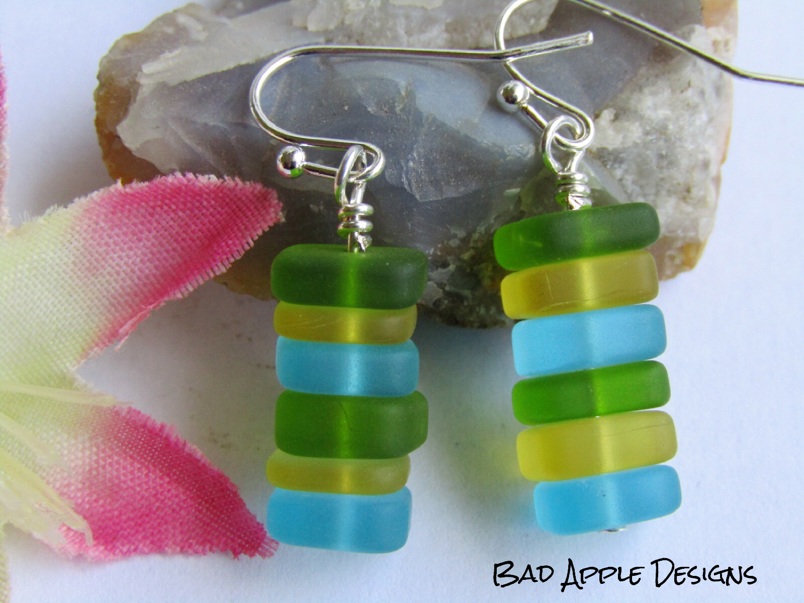Stacked Green Blue Yellow SEA GLASS Earrings Silver, Artisan Handcrafted