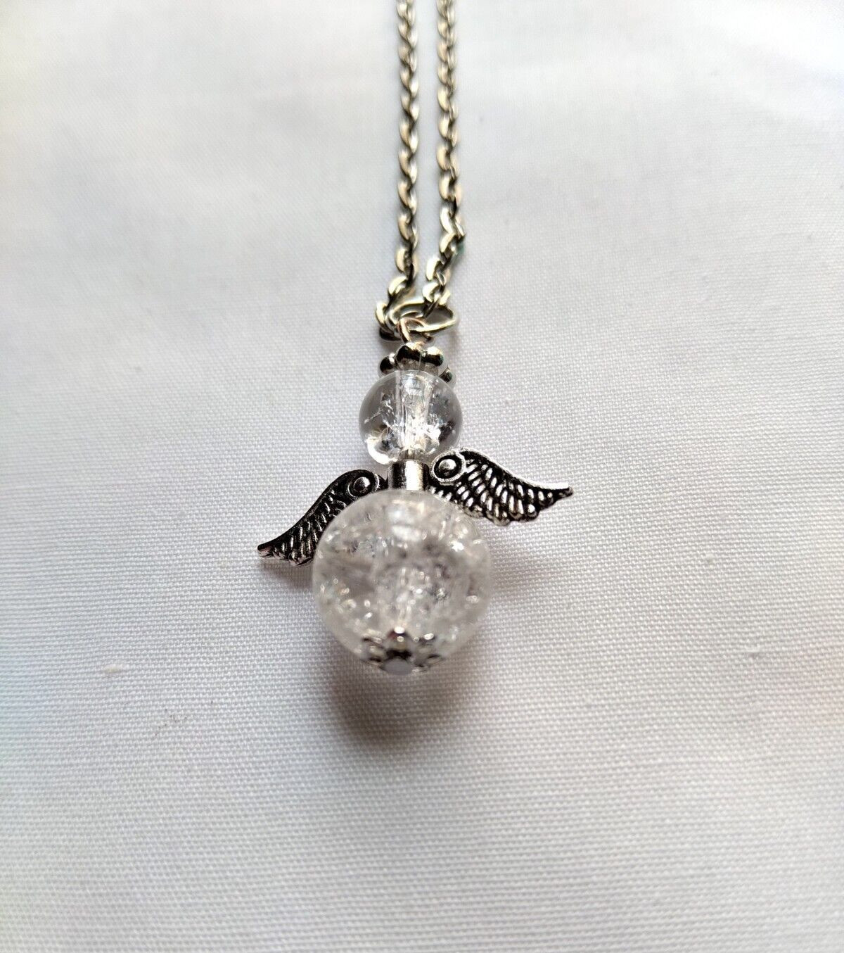 Angel Necklace Handmade Pendant Clear Crackle Glass Stainless Steel Chain Simple