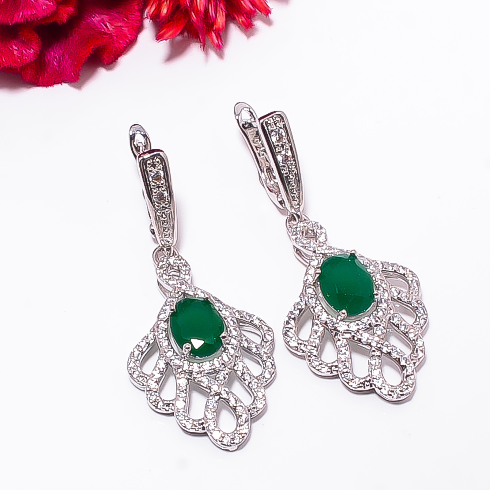 Emerald – Simulated & Cubic Zirconia 925 Silver Platinum Plated Earring 1.90″ E9