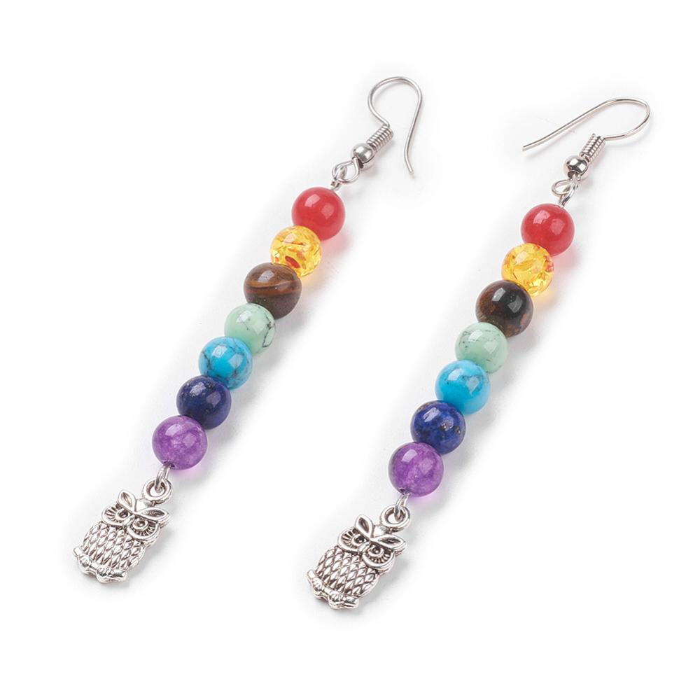 Gemstone Chakra Dangle Earrings Hooks Pendants Owl 84mm 15x7x2mm 0.6mm Z344