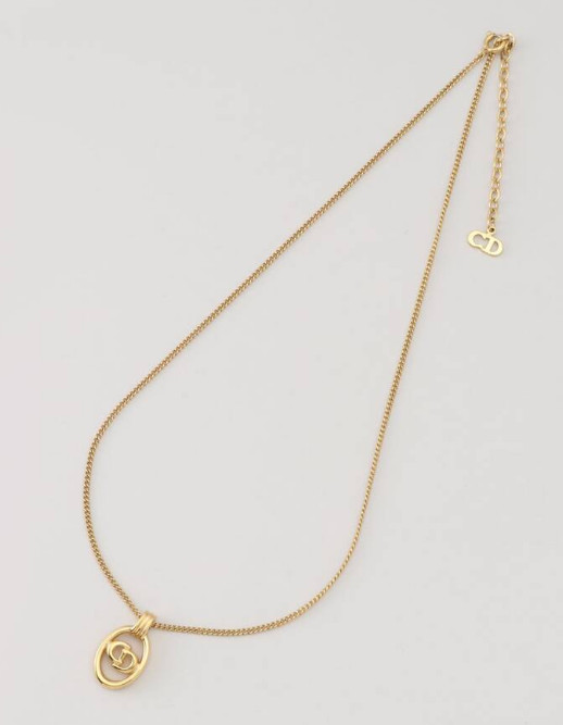Christian Dior Gold Tone Chain Necklace oval logo from japan Authentic