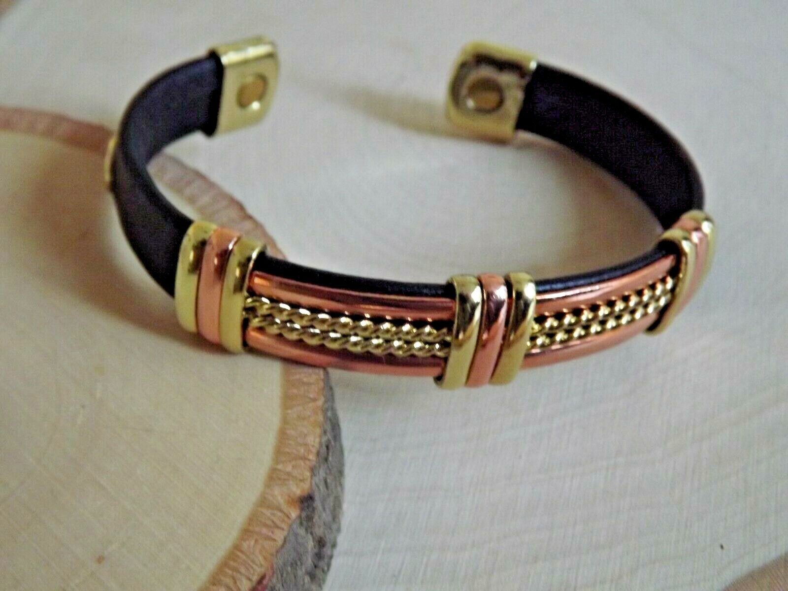 Solid Copper Leather Wrapped Magnetic Bracelet Arthritis Pain Therapy Cuff