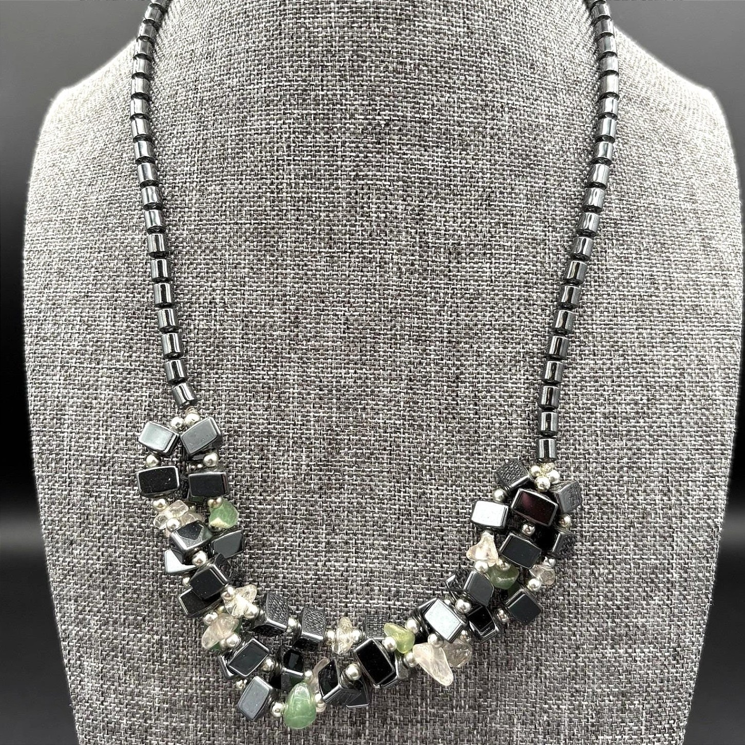 Vintage Chunky Hematite Gemstone Cluster Necklace Green Aventurine Quartz Boho