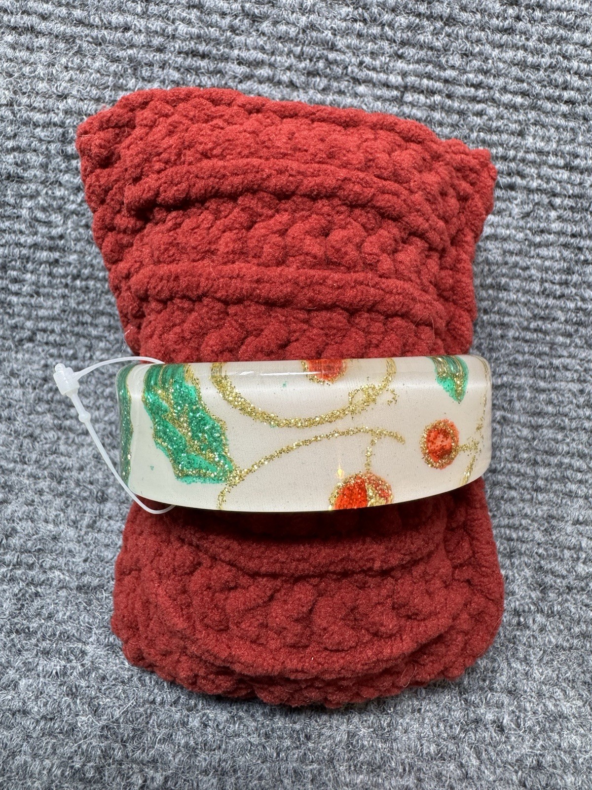 Holiday Bangle Bracelet with Holly & Holly Berry Design White Green Red & Gold