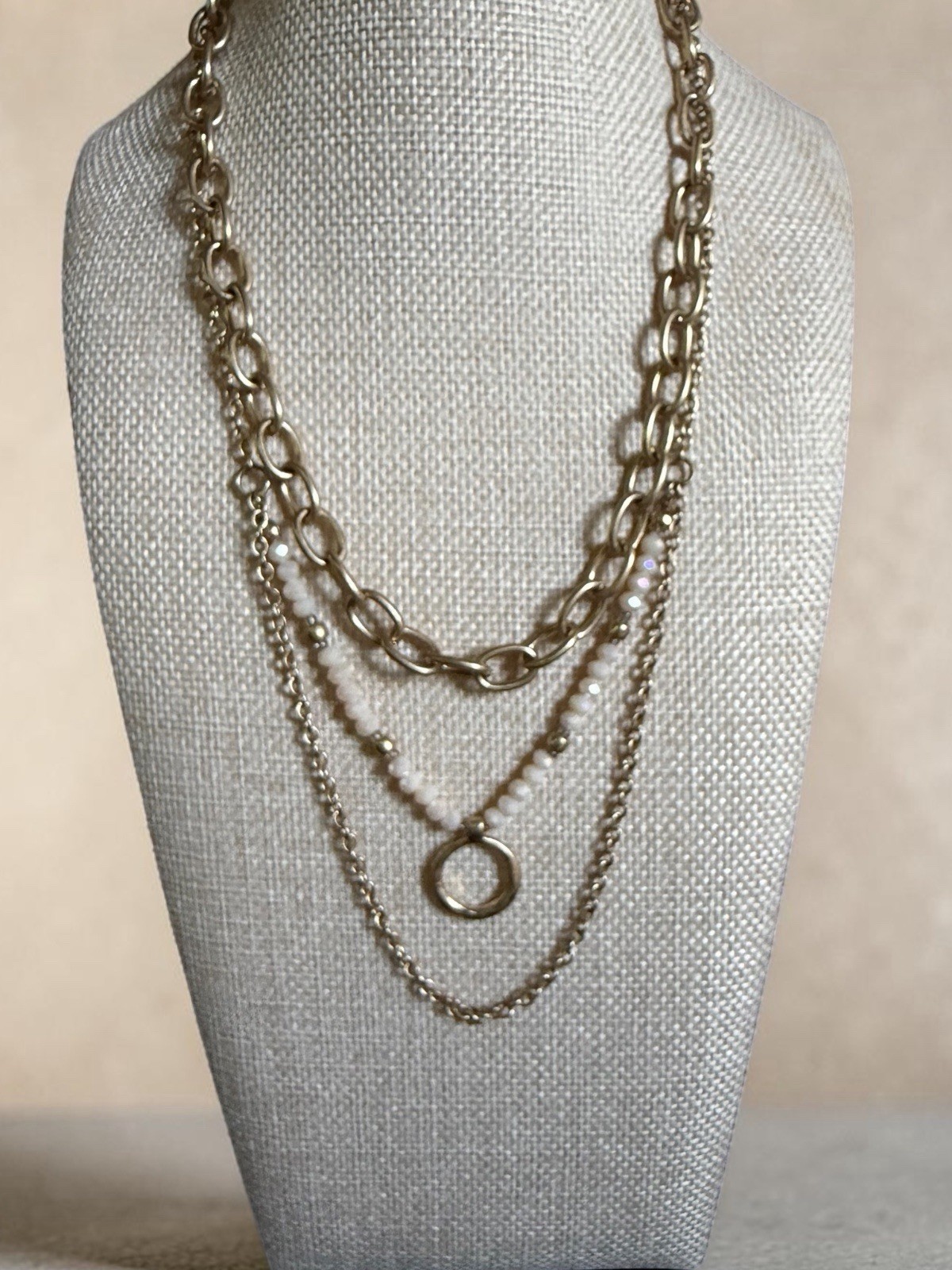 Gold Tone Layered Multi-Strand Cable Chain Necklace w/ White Beads Circle Charm