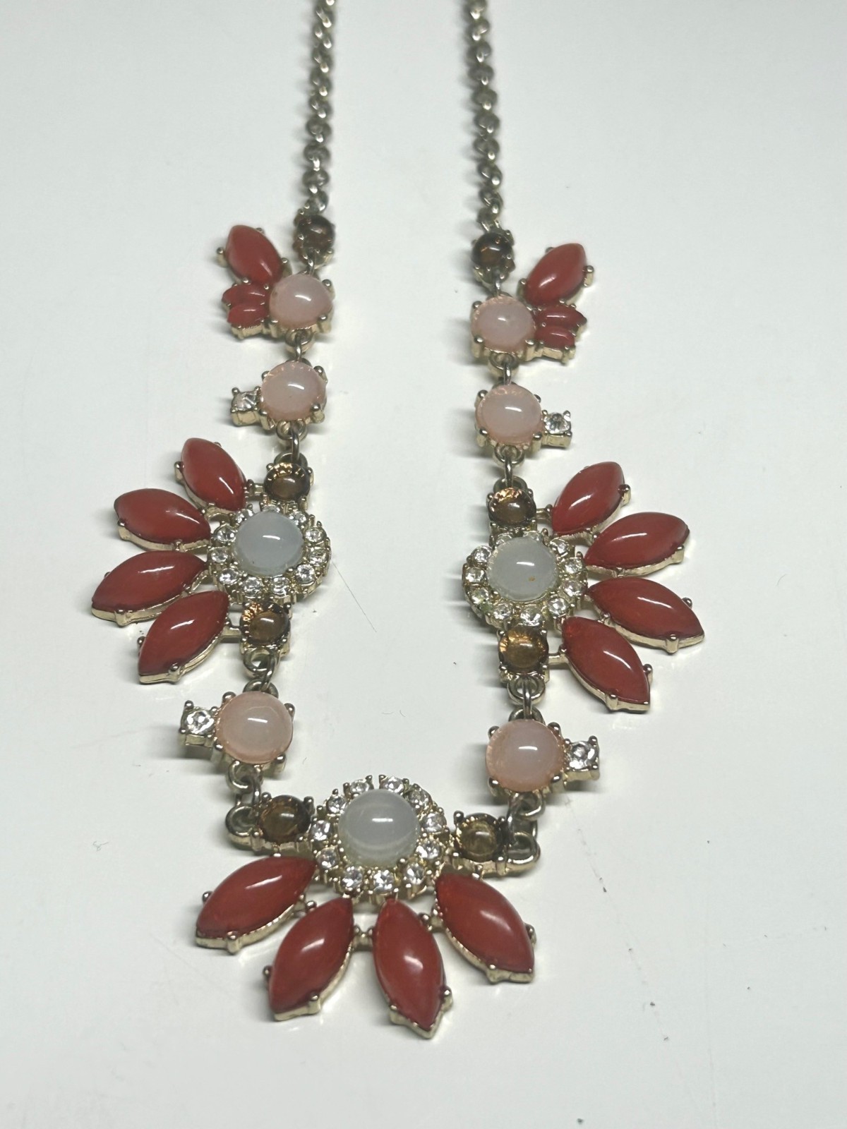 Coral Acrylic Cabochon & Rhinestone Art Deco Statement Necklace