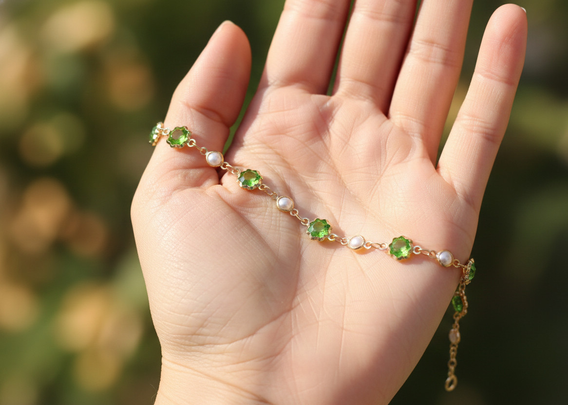 Elegant Gold Color Anklet Boho Ethnic Green Emerald Tone Stone Chain Anklet