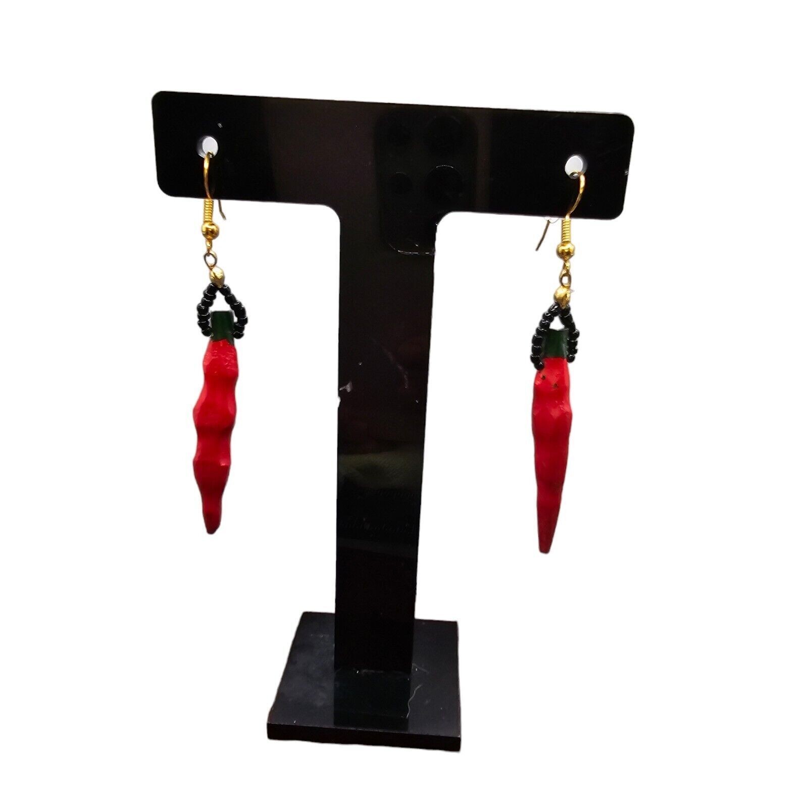 Pierced Earrings Red Hot Pepper Chili Novelty Gold Tone Acrylic SKU2167