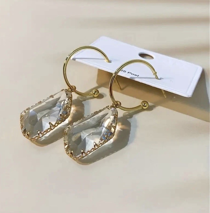 Anthropologie Clear Hoop Crystal Earrings Transparent Stud Gold Geometric Boho