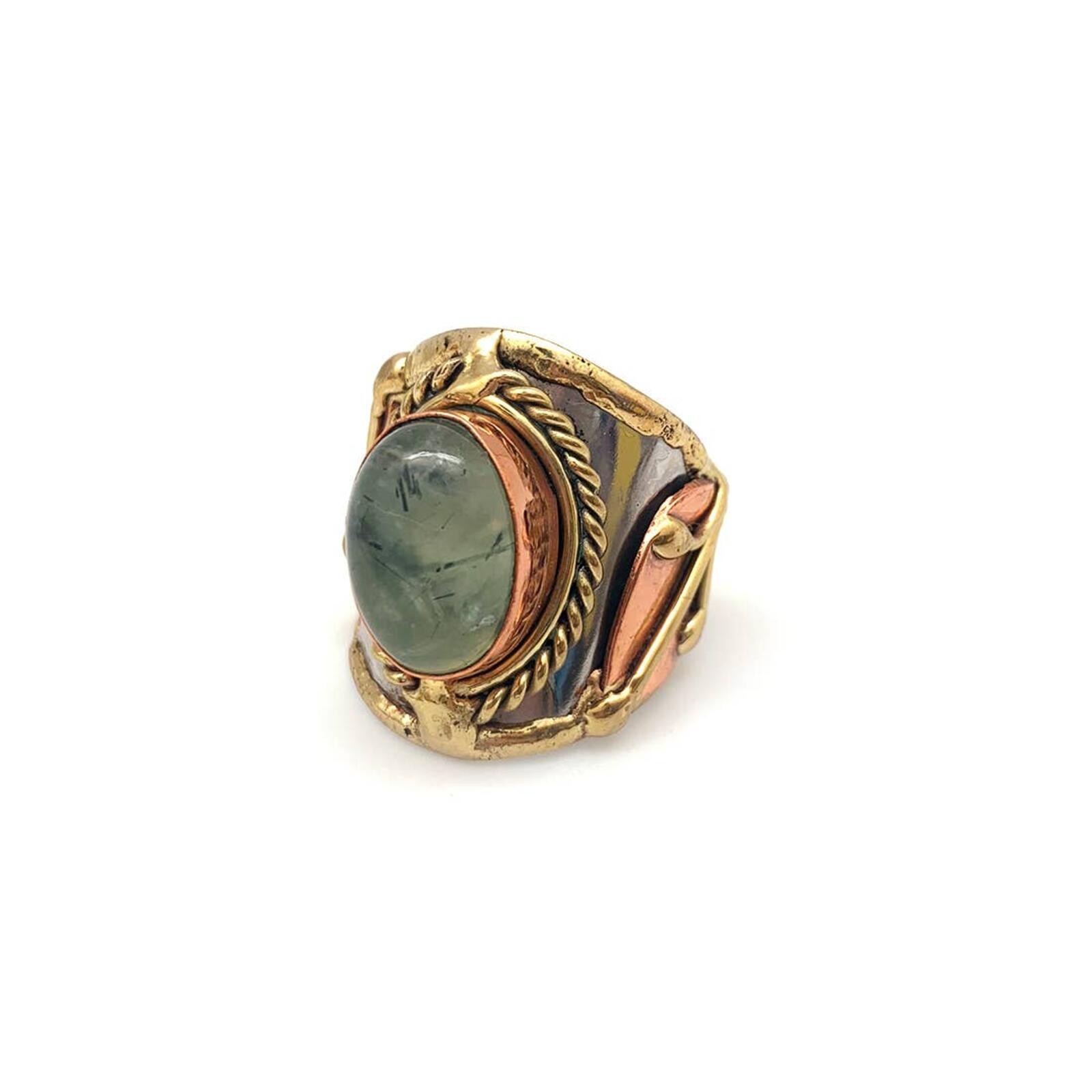 Mixed Metal and Moss Agate Stone Ring Adjustable