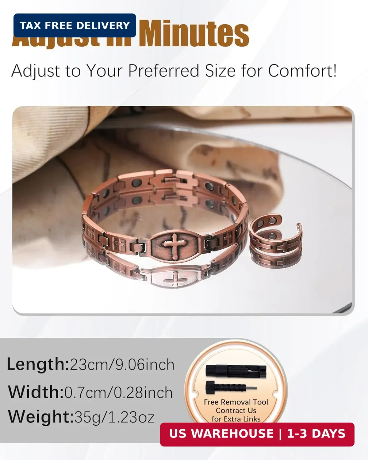 Jeracol Copper Cross Magnetic Bracelet & Ring for Women – 99.9% Solid Pure Coppe