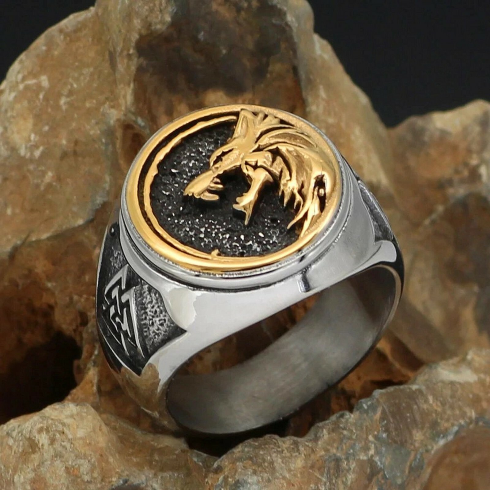Norse Fenrir Signet Ring Mens Gold PVD Stainless Steel Viking Valknut Wolf Band