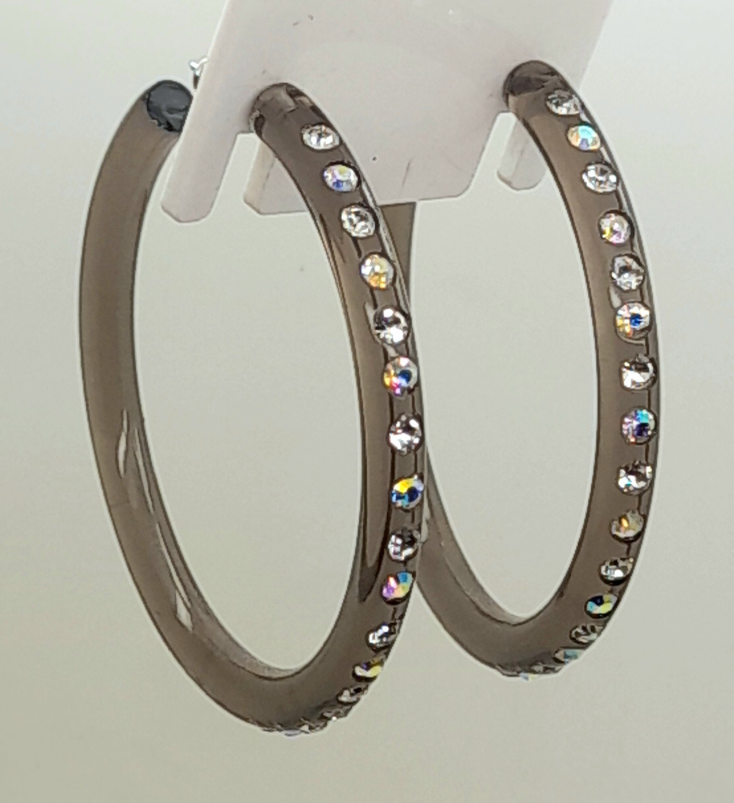 1.75INCH THIN DARK GRAY PLASTIC HOOP WITH CLEAR & AB RHINESTONE FASHION EARRINGS