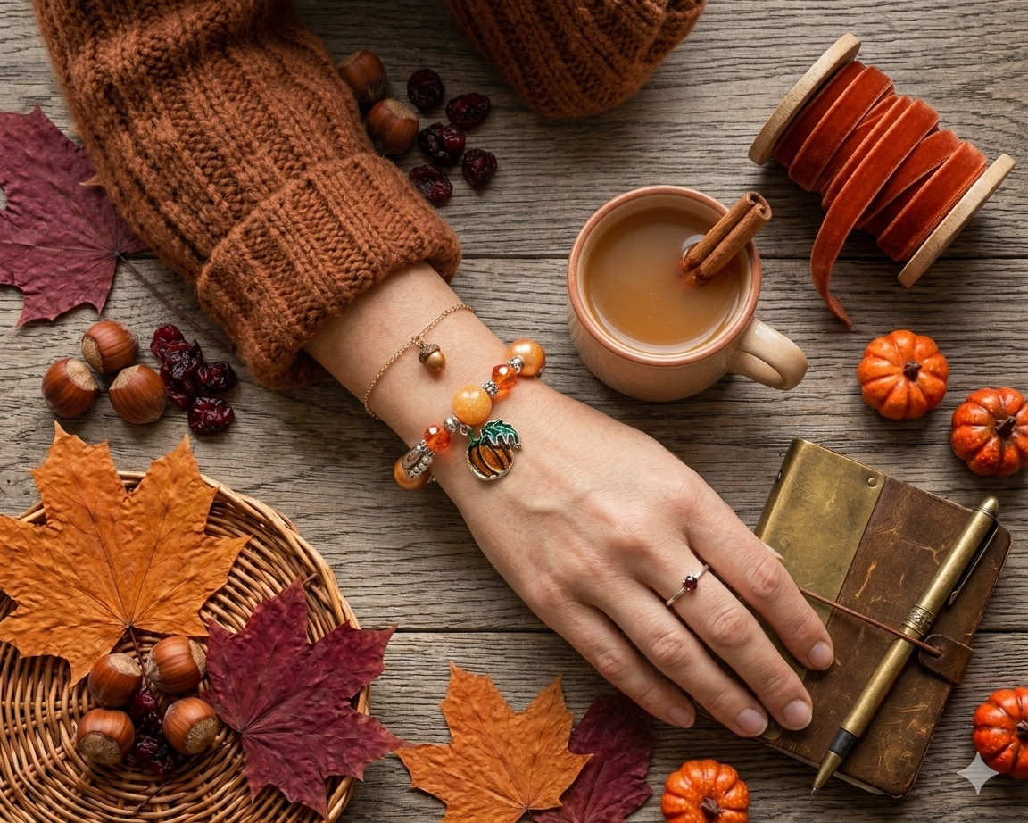 Pumpkin Charm Bracelet Fall Autumn Orange Glass Beads Stretch Bracelet Gift