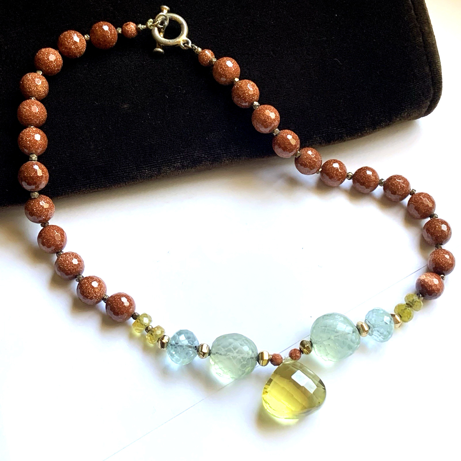 Goldstone and Semi Precious Stones Beaded Necklace Handmade 17.5 in long