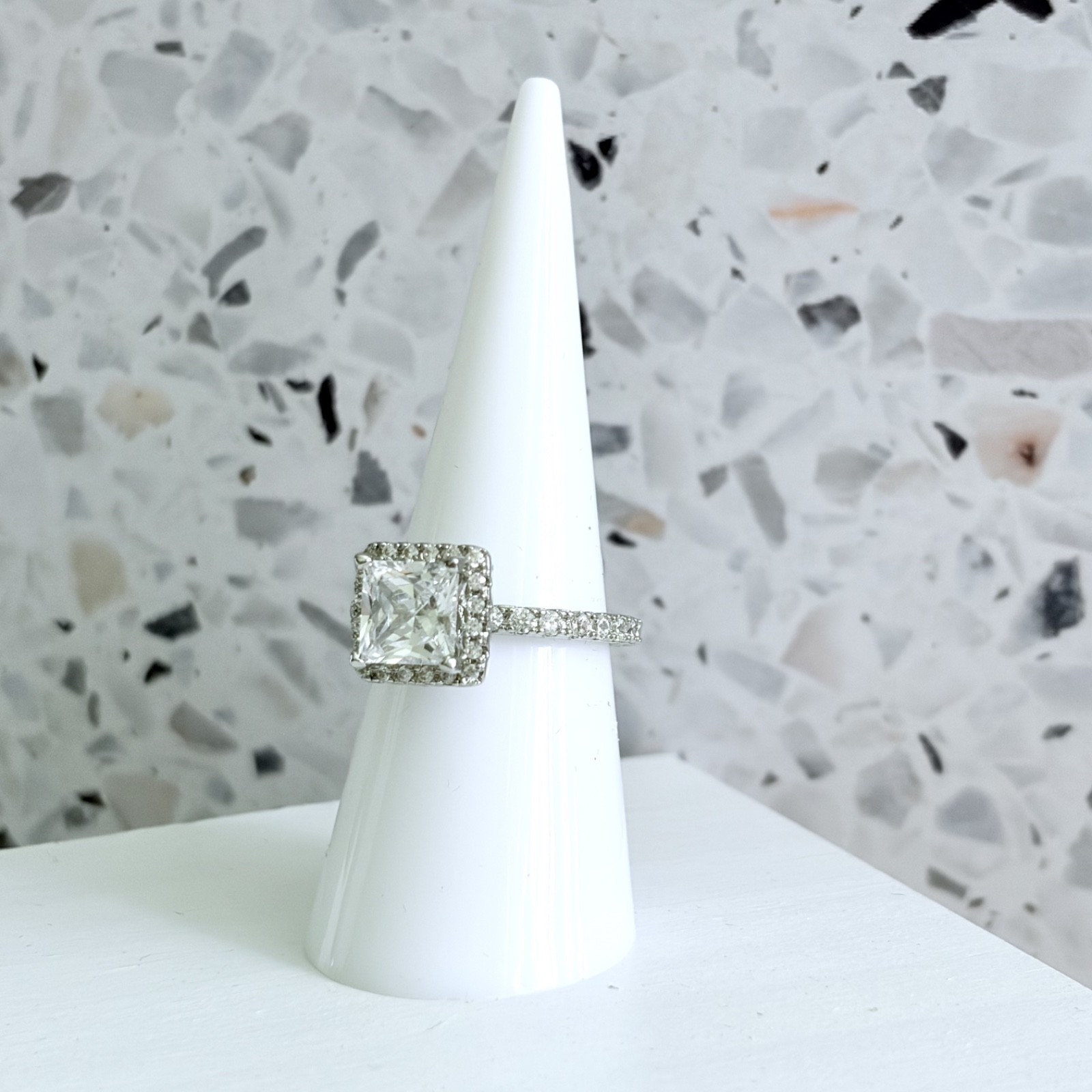 2.5 CT Princess Cut 14k White Gold 925 Sterling Halo Pave Set Women’s Ring