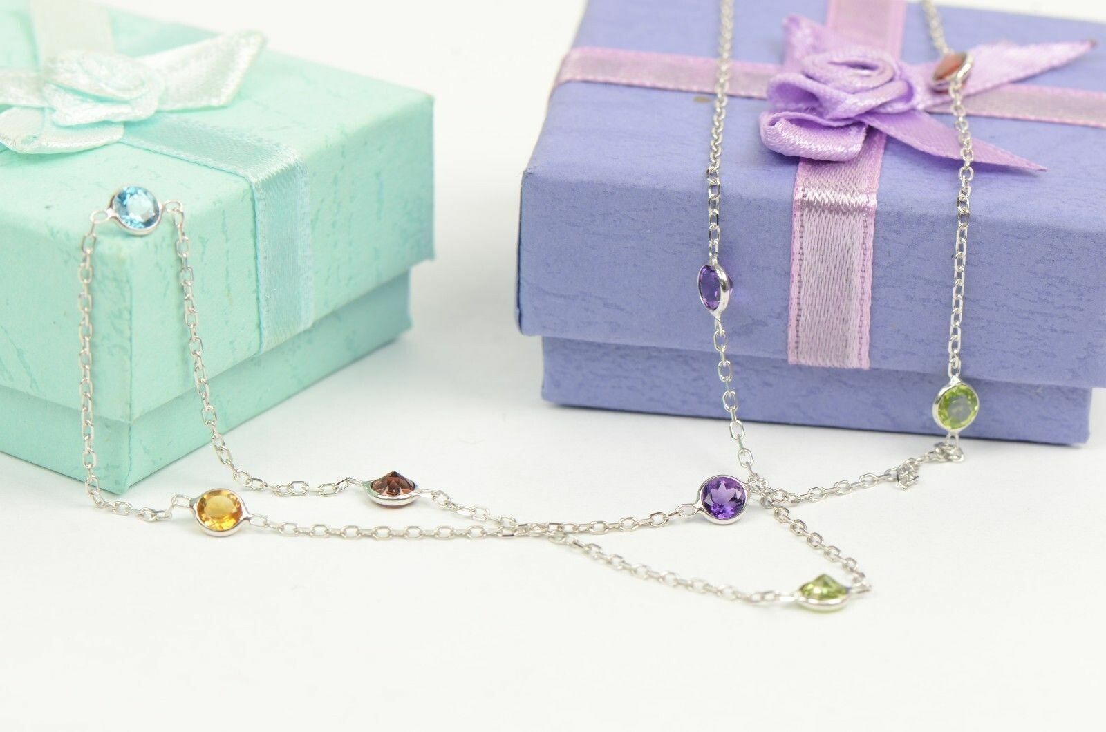 Solid 14k White Gold Multicolor Cubic Zirconia Necklace with Sparkling Stones