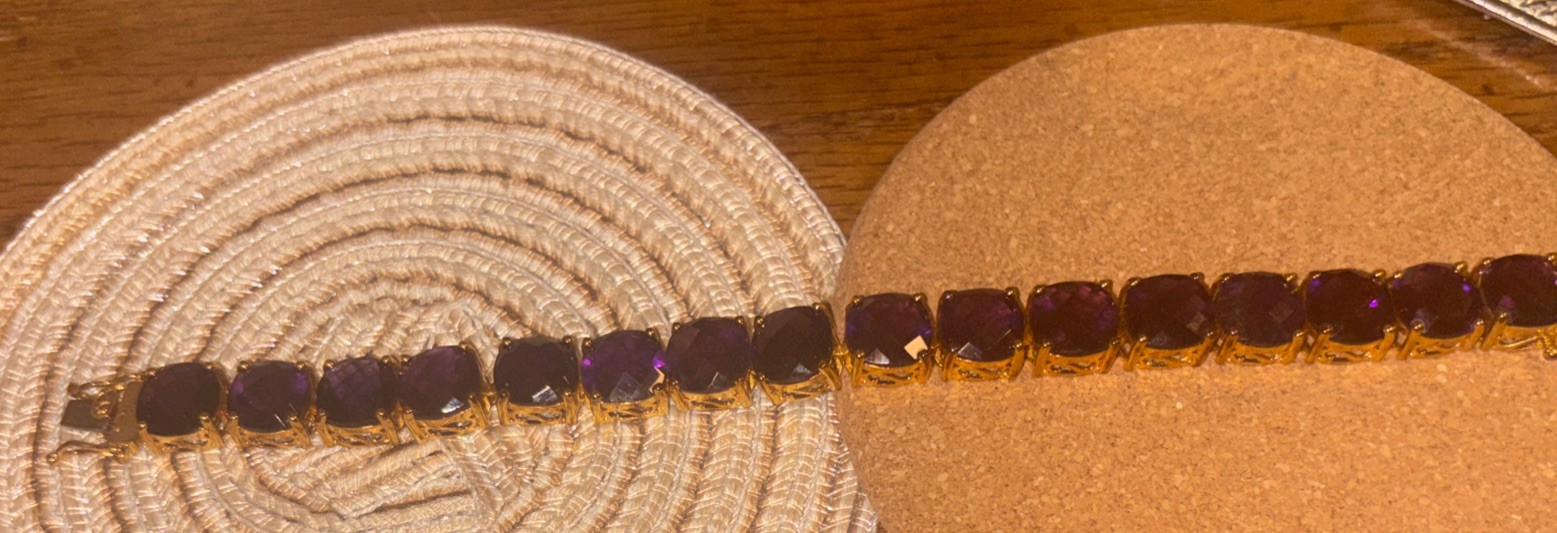 Elegant 7-Inch Gold-Tone Purple Stone Link Bracelet 925
