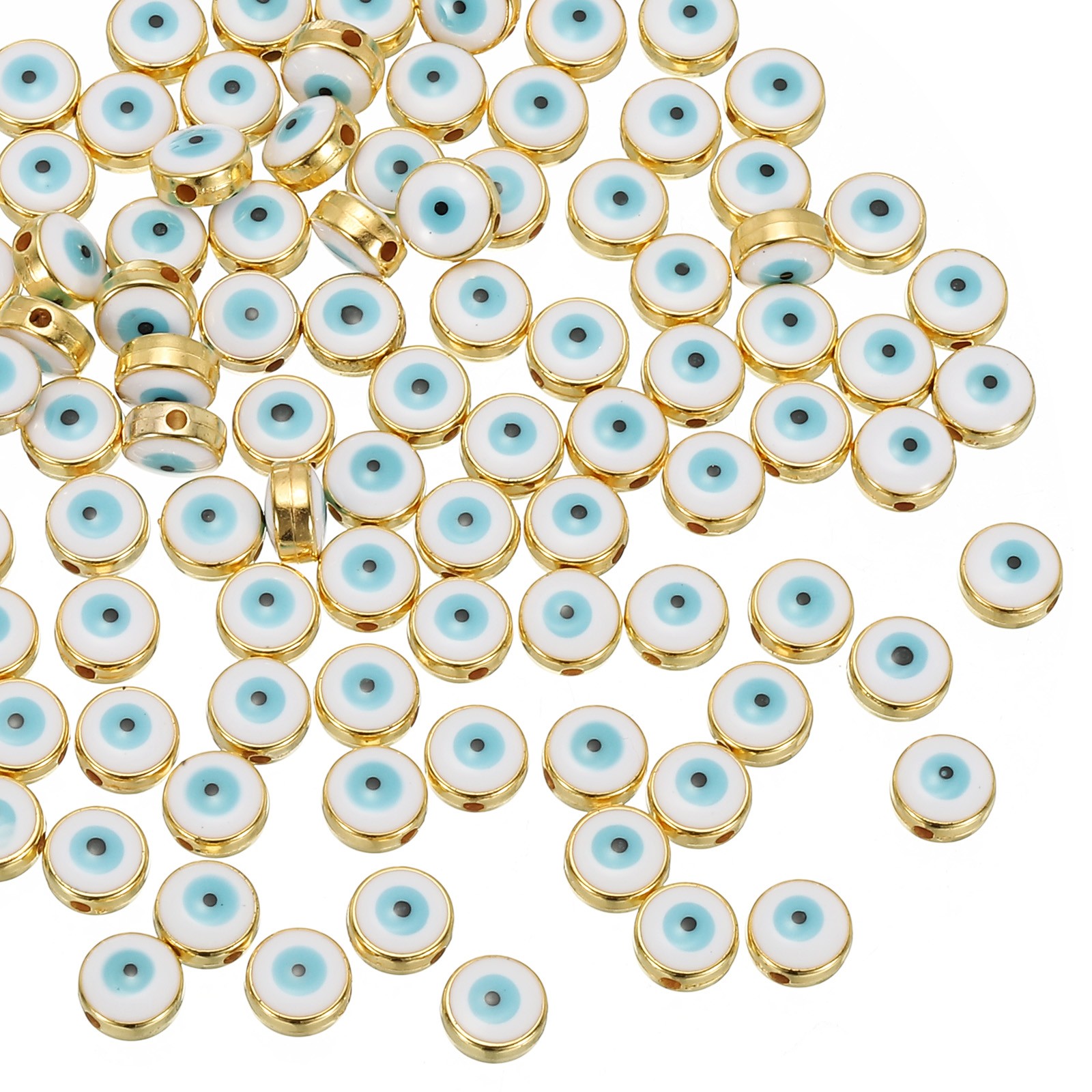 100Pcs, 8mm Flat Round Evil Eye Beads with Golden Edge White