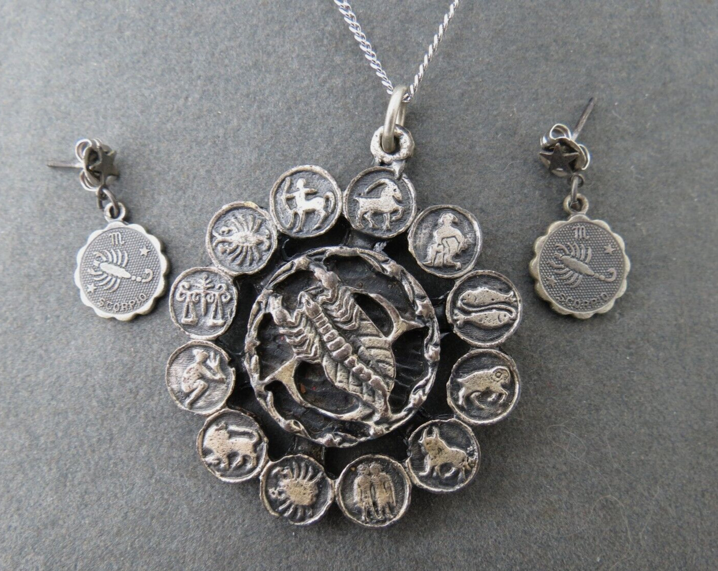 Circa 60s Scorpio Horoscope Pendant Necklace Sterling Post Earrings 18″ Chain